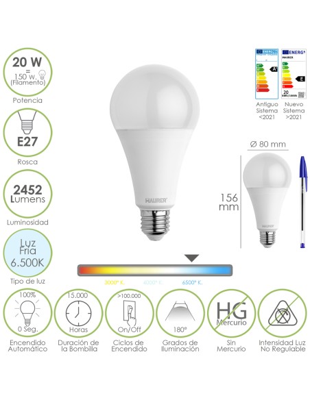 Bombilla Led Estandar Rosca E27. 20 Watt. Equivale A 150 Watt. 2452 Lumenes. Luz Fria (6500º K.)