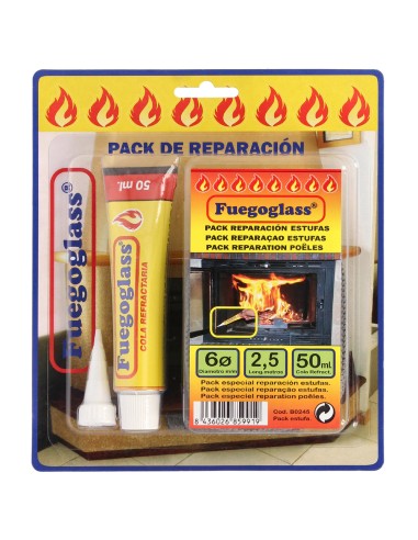 Kit Reparacion Estufas/Chimeneas, Cola Refractaria y Cordon Fibra Vidrio 6 mm. x 2,5 m.