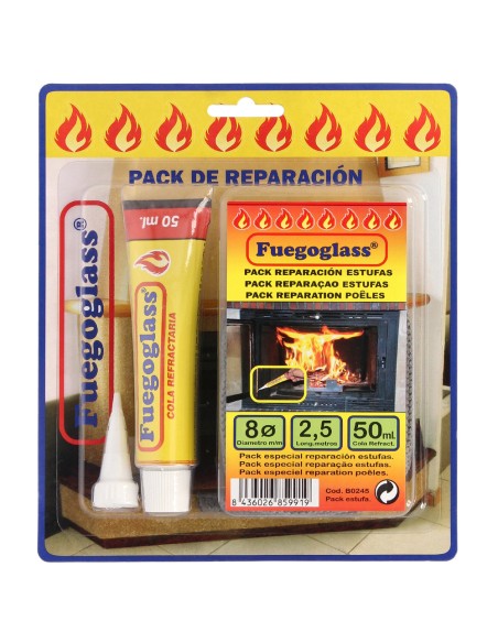Kit Reparacion Estufas/Chimeneas, Cola Refractaria y Cordon Fibra Vidrio 8 mm. x 2,5 m.