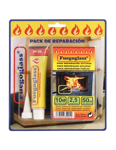 Kit Reparacion Estufas/Chimeneas, Cola Refractaria y Cordon Fibra Vidrio 10 mm. x 2,5 m.