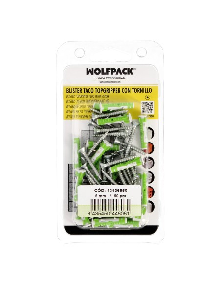Blister Tacos Topgripper Bimaterial Con Tornillos Ø 5 mm. 50 Piezas Taco Anclaje Universal, Taco Hormigon, Taco Pladur,