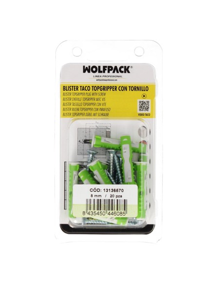 Blister Tacos Topgripper Bimaterial Con Tornillos Ø 8 mm. 20 Piezas Taco Anclaje Universal, Taco Hormigon, Taco Pladur