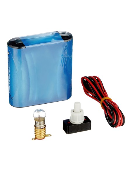 Kit Eléctrico Escolar, Set para el Colegio, Pila Petaca 4.5V, Interruptor 220V, Cable y Bombilla.