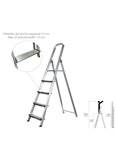 Escalera Doméstica Aluminio Profesional 5 Peldaños 12 cm Grosor.