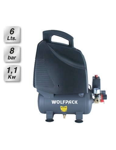 Compresor Aire Wolfpack 6 Litros / 8 Bares / 1,1 Kw - 1,5 HP Sin Aceite
