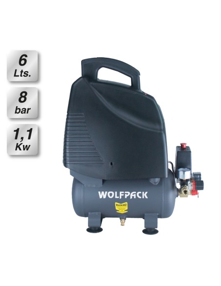 Compresor Aire Wolfpack 6 Litros / 8 Bares / 1,1 Kw - 1,5 HP Sin Aceite