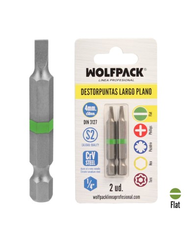 Puntas Destornillador Largo Plano 4 mm. (2 Piezas). Acero S2 al Cromo Vanadio. Puntas Hexagonales, Destorpuntas,
