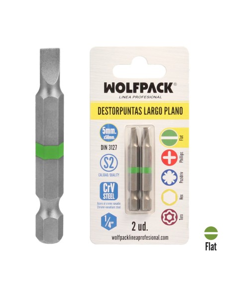 Puntas Destornillador Largo Plano 5 mm. (2 Piezas). Acero S2 al Cromo Vanadio. Puntas Hexagonales, Destorpuntas,