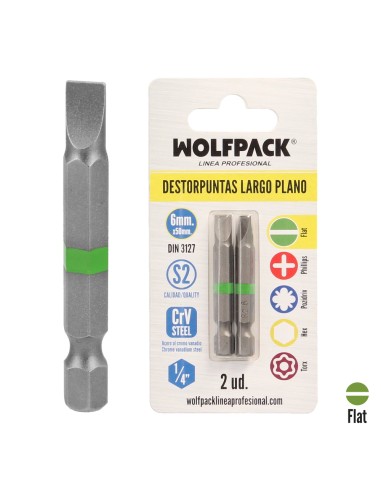 Puntas Destornillador Largo Plano 6 mm. (2 Piezas). Acero S2 al Cromo Vanadio. Puntas Hexagonales, Destorpuntas,
