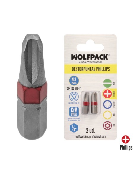 Puntas Destornillador Phillips Nº 3 (2 Piezas). Acero S2 al Cromo Vanadio. Puntas Hexagonales, Destorpuntas,