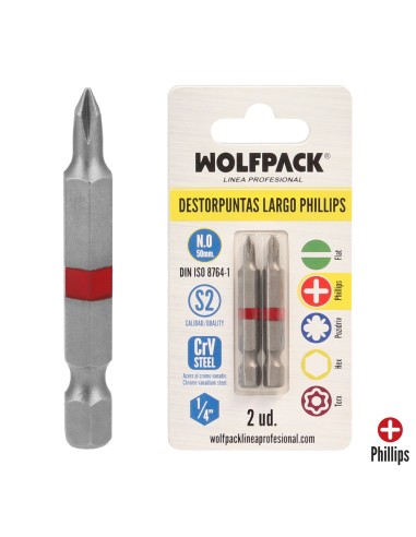 Puntas Largas Destornillador Phillips Nº 0 (2 Piezas). Acero S2 al Cromo Vanadio. Puntas Hexagonales, Destorpuntas,
