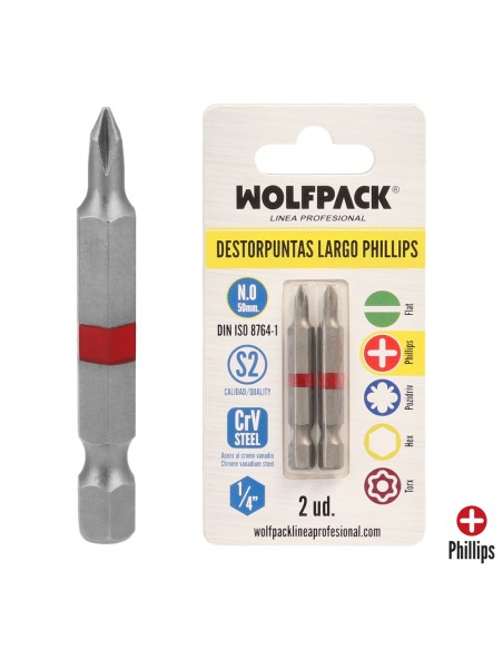 Puntas Largas Destornillador Phillips Nº 0 (2 Piezas). Acero S2 al Cromo Vanadio. Puntas Hexagonales, Destorpuntas,