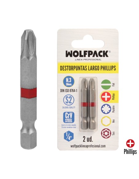 Puntas Largas Destornillador Phillips Nº 3 (2 Piezas). Acero S2 al Cromo Vanadio. Puntas Hexagonales, Destorpuntas,