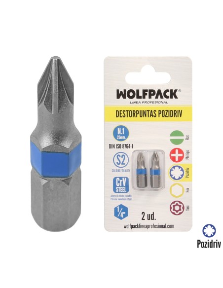Puntas Destornillador Pozidriv Nº 1 (2 Piezas). Acero S2 al Cromo Vanadio. Puntas Hexagonales, Destorpuntas,