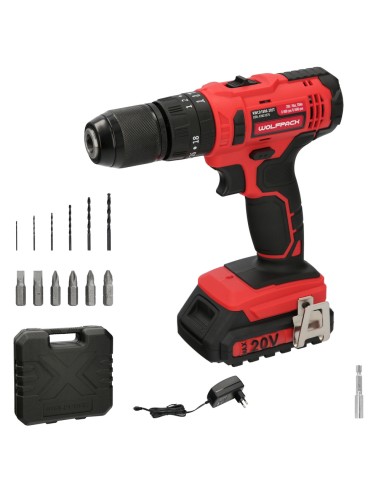 Taladro Atornillador 20 V. Con 2 Velocidades y Percutor. Bateria 2 Ah. Par Apriete 35 Nm.