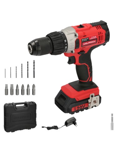 Taladro Atornillador 20 V. Con 2 Velocidades y Percutor. Bateria 2 Ah. Par Apriete 50 Nm.