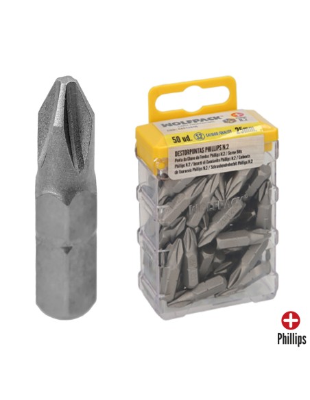 Puntas Destornillador Phillips Nº 2 (50 Piezas). Acero S2 al Cromo Vanadio. Puntas Hexagonales, Destorpuntas,
