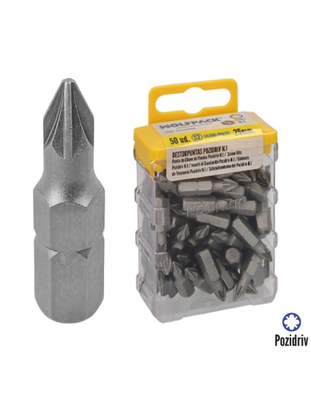 Puntas Destornillador Pozidriv Nº 1 (50 Piezas). Acero S2 al Cromo Vanadio. Puntas Hexagonales, Destorpuntas,