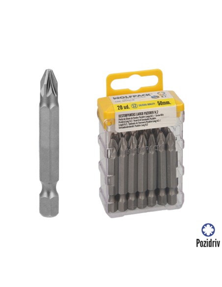 Puntas Largas Destornillador Pozidriv Nº 2 (20 Piezas). Acero S2 al Cromo Vanadio. Puntas Hexagonales, Destorpuntas,