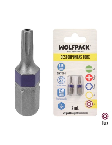 Puntas Destornillador Torx 15 Inviolable (2 Piezas). Acero S2 al Cromo Vanadio. Puntas Hexagonales, Destorpuntas,