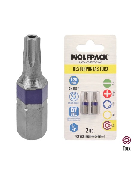 Puntas Destornillador Torx 20 Inviolable (2 Piezas). Acero S2 al Cromo Vanadio. Puntas Hexagonales, Destorpuntas,
