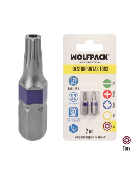 Puntas Destornillador Torx 25 Inviolable (2 Piezas). Acero S2 al Cromo Vanadio. Puntas Hexagonales, Destorpuntas,