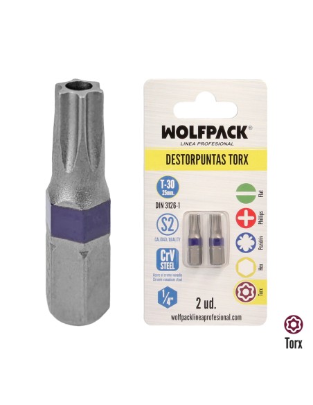 Puntas Destornillador Torx 30 Inviolable (2 Piezas). Acero S2 al Cromo Vanadio. Puntas Hexagonales, Destorpuntas,