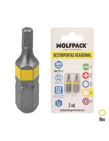 Puntas Destornillador Hexagonal 3,0 mm. (2 Piezas). Acero S2 al Cromo Vanadio. Puntas Hexagonales, Destorpuntas,
