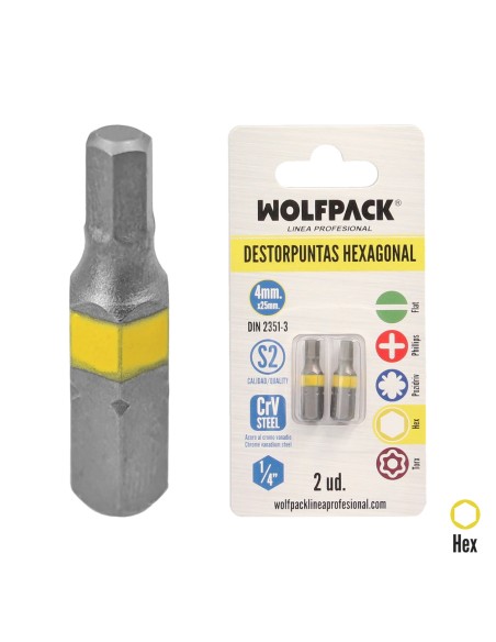 Puntas Destornillador Hexagonal 4,0 mm. (2 Piezas). Acero S2 al Cromo Vanadio. Puntas Hexagonales, Destorpuntas,
