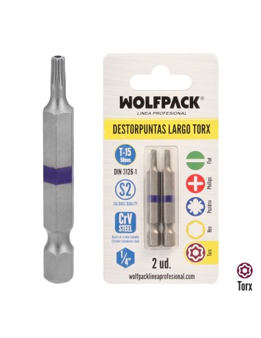 Puntas Largas Destornillador Torx T15 (2 Piezas). Acero S2 al Cromo Vanadio. Puntas Hexagonales, Destorpuntas,