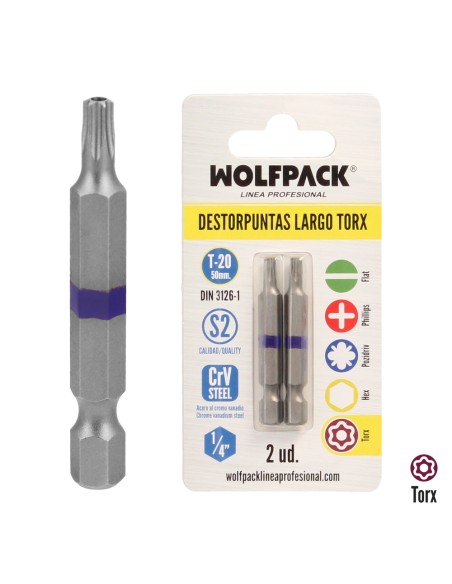 Puntas Largas Destornillador Torx T20 (2 Piezas). Acero S2 al Cromo Vanadio. Puntas Hexagonales, Destorpuntas,