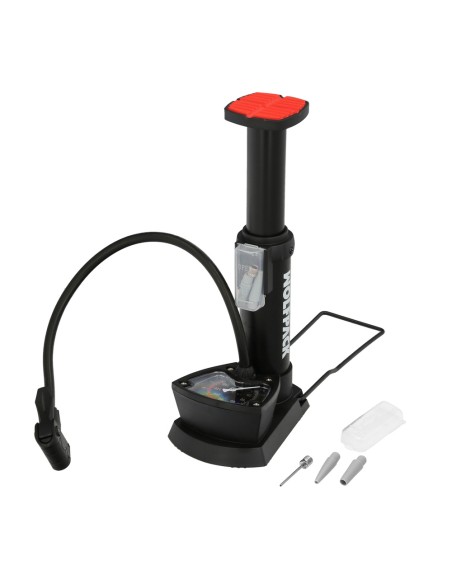 Bomba Aire Pie / Pedal Con Manometro 6 Bares Cuerpo Acero, Valvulas SCHRADER y PRESTA con Adaptadores. Bomba Bicicletas, Motos