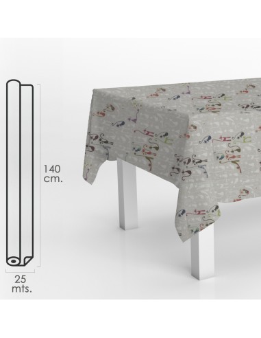 Mantel Hule Rollo Modelo Cats Impermeable Antimanchas PVC 140 cm. x 25 metros. Rollo Recortable. Interior y Exterior