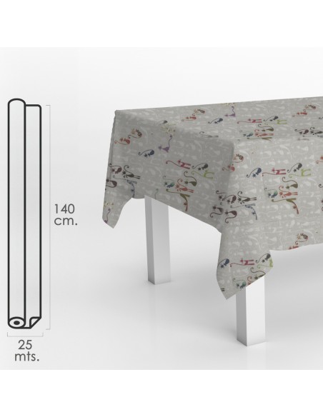 Mantel Hule Rollo Modelo Cats Impermeable Antimanchas PVC 140 cm. x 25 metros. Rollo Recortable. Interior y Exterior
