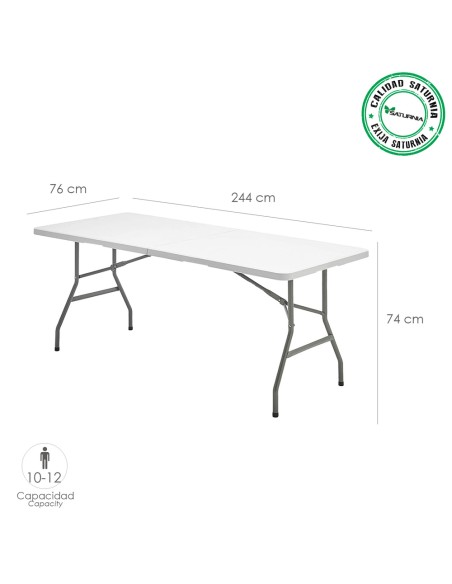 Mesa Plegable Rectangular HDPE Multifuncional, Portatil, Resistente,Multiusos 244x76x74 cm. Color Blanco