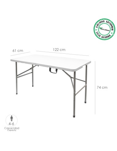 Mesa Plegable Rectangular HDPE Multifuncional, Portatil, Resistente,Multiusos 122x61x74 cm. Color Blanco
