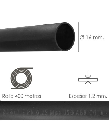 Tuberia De Riego Por Goteo Ø 16 mm. Espesor Tubo 1,2 mm. Uso Agricola 400 Metros