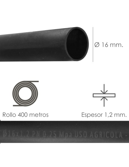 Tuberia De Riego Por Goteo Ø 16 mm. Espesor Tubo 1,2 mm. Uso Agricola 400 Metros