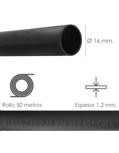 Tuberia De Riego Por Goteo Ø 16 mm. Espesor Tubo 1,2 mm. Uso Agricola 50 Metros