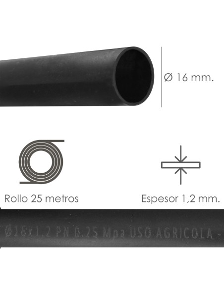 Tuberia De Riego Por Goteo Ø 16 mm. Espesor Tubo 1,2 mm. Uso Agricola 25 Metros