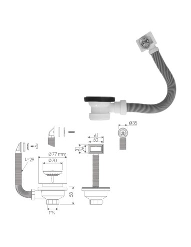 Valvula Fregadero Ø70 mm. 1 1/2" Con Rebosadero
