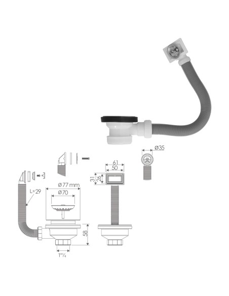 Valvula Fregadero Ø70 mm. 1 1/2" Con Rebosadero