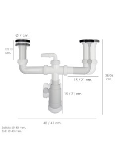 Sifon Doble Con Valvula Extensible 1-1/2" Con Sumideros De Ø 70 mm. Sifon Fregadero Cocina, Sifon Evacuación 2