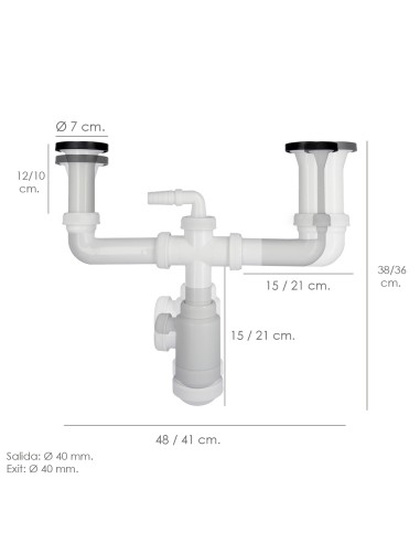 Sifon Doble Con Valvula Extensible 1-1/2" Con Sumideros De Ø 70 mm. Sifon Fregadero Cocina, Sifon Evacuación