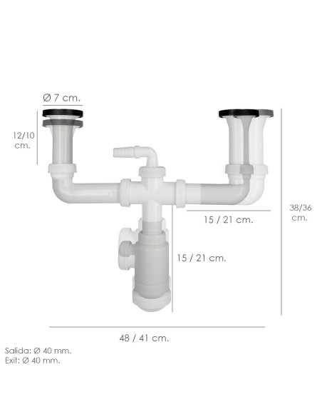 Sifon Doble Con Valvula Extensible 1-1/2" Con Sumideros De Ø 70 mm. Sifon Fregadero Cocina, Sifon Evacuación