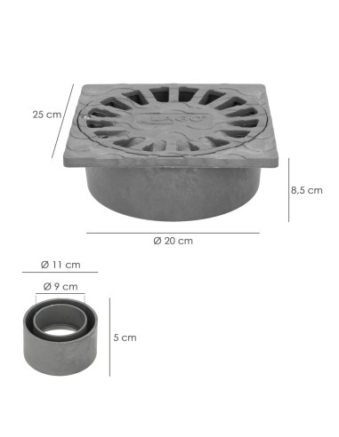 Sumidero Sifónico Pvc 25x25 cm. Salida De Ø 90 / 110 mm. desagüe, Desaguadero, Tragadero, Alcantarilla,
