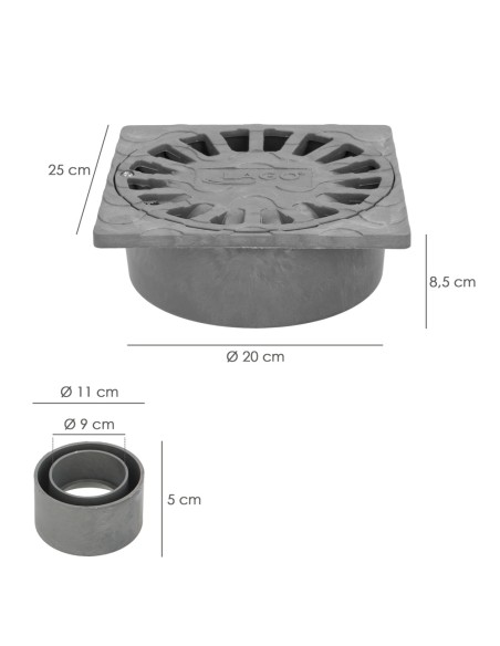 Sumidero Sifónico Pvc 25x25 cm. Salida De Ø 90 / 110 mm. desagüe, Desaguadero, Tragadero, Alcantarilla,