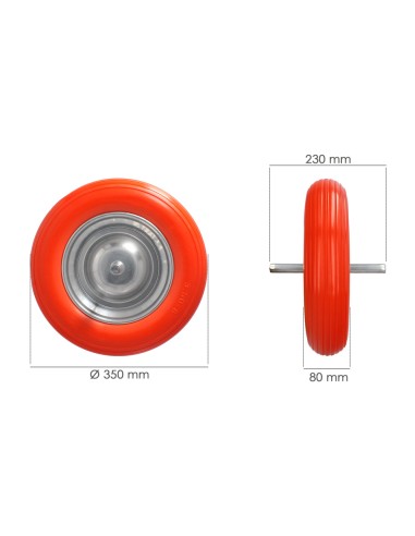 Rueda Carretilla Obra / Jardin Maciza Llanta Acero "Plus" Naranja Impinchable, Rueda Carretilla Con Eje Ø 19 mm Rueda Ø 35 cm