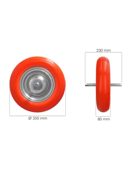 Rueda Carretilla Obra / Jardin Maciza Llanta Acero "Plus" Naranja Impinchable, Rueda Carretilla Con Eje Ø 19 mm Rueda Ø 35 cm