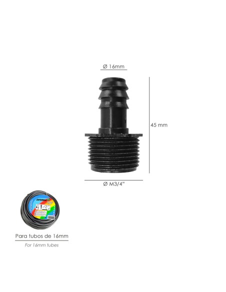 Union Rosca Macho 3/4" A Toma Para Tuberias Goteo Ø 16 mm. (Bolsa 100 uds) Riego Por Goteo, Microaspersión, Riego Nebulizacion